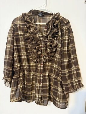 Brown & Cream Plaid Ruffle Button-Down Blouse